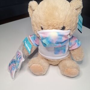 Adorable Cream Teddy Bear with Tie-Dye Outfit and Mask